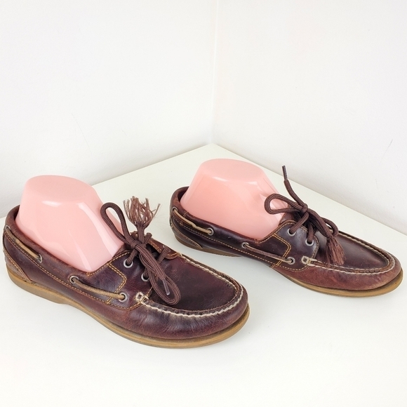 TIMBERLAND Amherst Boat Shoes Leather Flat Brown Classic 2 eye Men Size 8 - Picture 3 of 14